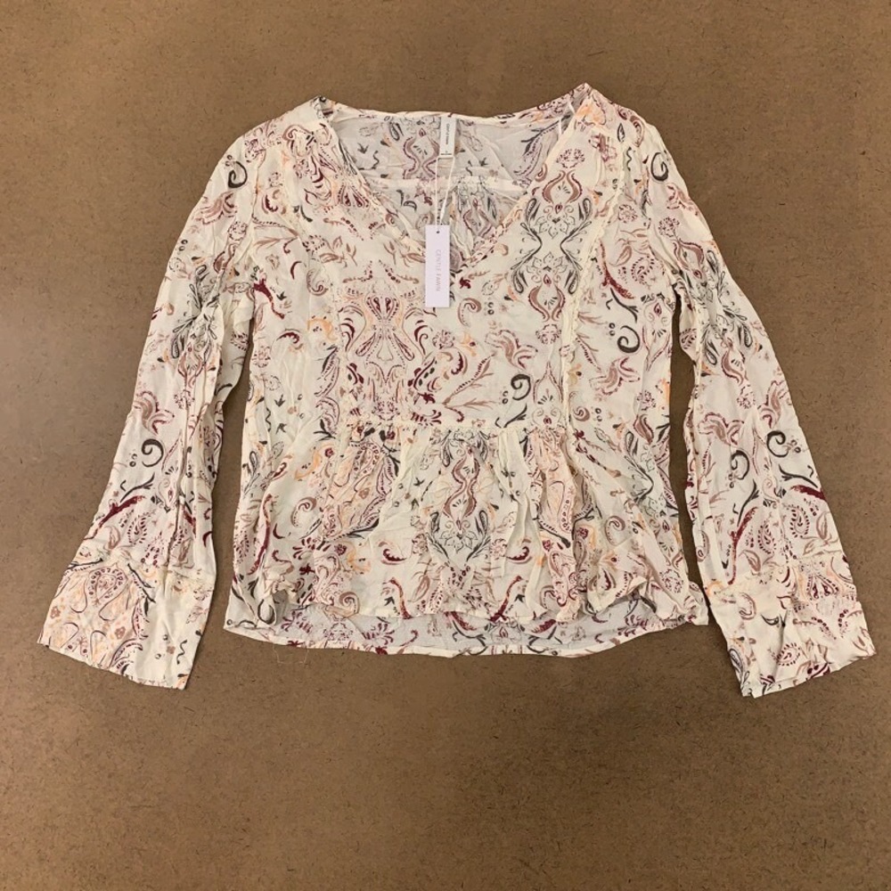 Gentle Fawn Womens Blouse Ivory Paisley Bell Sleeve V Neck Ruched Pullover S New